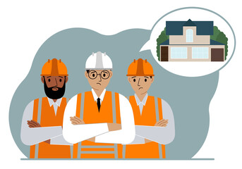 A construction team is thinking about building a house. Sad men in hard hats and vests are planning a work process. The concept of building a house.