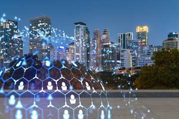 Rooftop with concrete terrace, Bangkok night skyline. Recruitment process to hire candidates for international business consulting. HR, networking digital icons. City downtown. Double exposure.