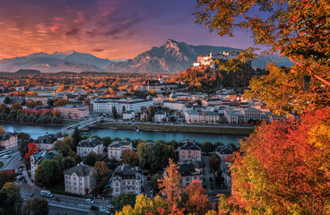 Colorful evening cityscape. Panoramic view on historic city of Salzburg with famous Hohensalzburg...