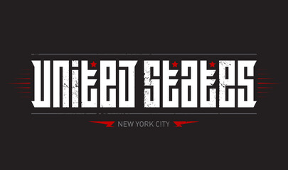 Stylized poster, banner, flyer or postcard with inscription, stars and lightnings. United States - Vector t-shirt graphics on the theme of USA.