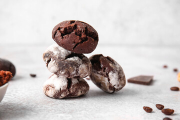 Chocolate brownie cookies on light background