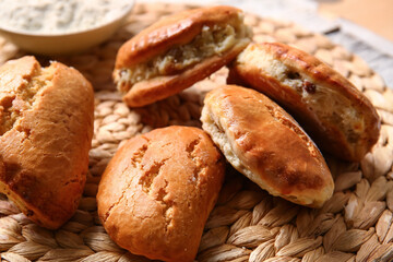 Tasty sochniki with cottage cheese on table, closeup