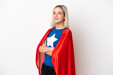 Young caucasian woman isolated on white background in superhero costume with arms crossed