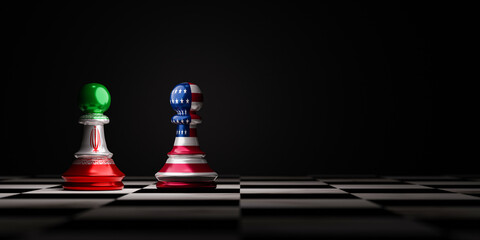 Battle of USA and Iran flag print screen on pawn chess on chessboard , United States of America and Iran always conflict of military war and nuclear crisis concept by 3d render. © Dilok