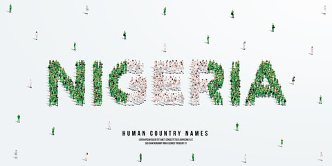 A large group of people stands, making up the word Nigeria. Nigeria flag made from people crowd. Vector illustration isolated on white background. - obrazy, fototapety, plakaty