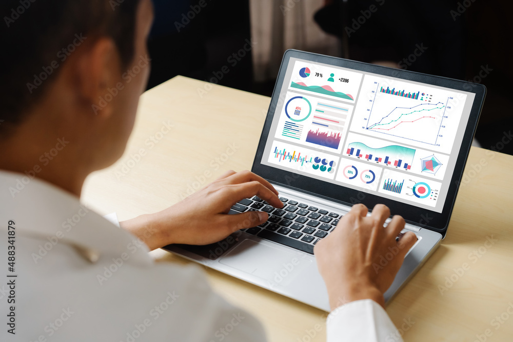 Poster business data dashboard analysis by ingenious computer software . investment application display bus