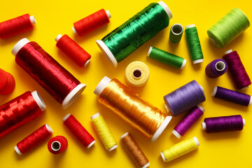 Thread spools on yellow background