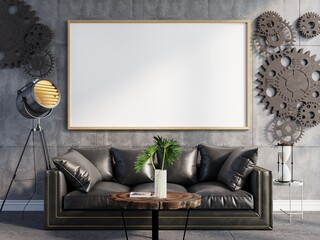 picture frame mockup in loft interior living room concrete wall, black sofa, steel 3d render background