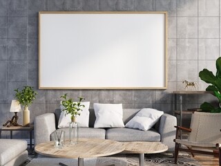 Fototapeta na wymiar fabric white sofa in concrete wall living room interior design and picture frame wood floor, tree plant, modern loft house style template 3d render 