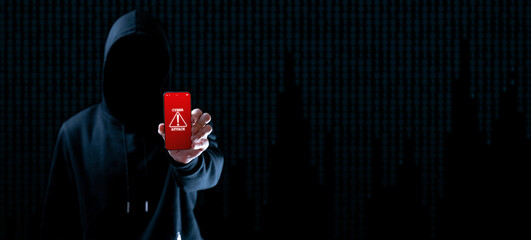 Cyber security hacker smartphone. Internet web hack technology. Digital mobile phone in hacker man...