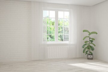 White empty room with summer landscape in window. Scandinavian interior design. 3D illustration