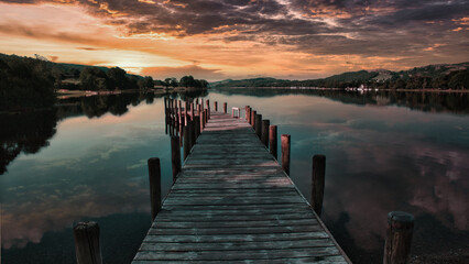 Early morning sunrise on Coniston Monk pier in the Lake District