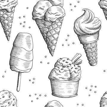 Ice cream graphic black white sweet food seamless pattern background sketch illustration vector 