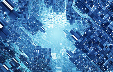 Sci fi technology background, Futuristic sci-fi corridor with metal shapes and glowing neon lights. Abstract technology background. 3D rendering illustration