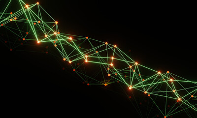 3d rendering illustration. Geometric glowing lines connections, neon lights against of dark background with space for text. Laser lines glow. Neon background business and science concept