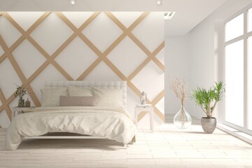 Soft color bedroom interior. Scandinavian design. 3D illustration