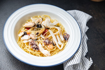 pasta spaghetti seafood meal second course italian cuisine snack on the table copy space food background 