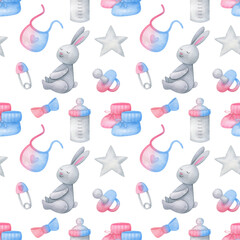 seamless pattern for a gender-neutral newborn. A toy, a bottle, a pacifier for a baby. White background with blue-pink watercolor ornament. Cute print for gender reveal, baby fabric, paper, packaging,