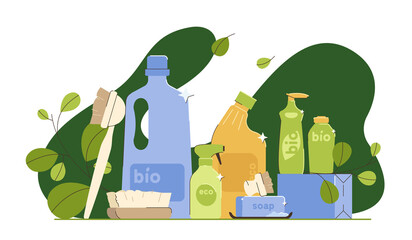 Eco friendly products for house cleaning or laundry washing. Natural organic household product, home cleaner detergents with plant based ingredients. Bottles, soap and brushes for housekeeping service