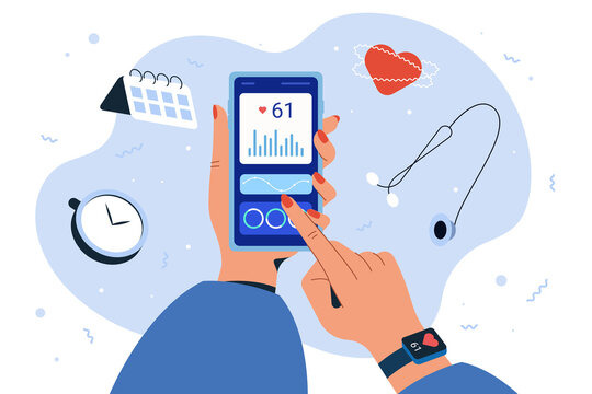 Monitoring heart rate in fitness app on smartphone and smart watch. Flat illustration human hand finger pushing on screen for checking workout results. Sport tracker for pulse HR, heartbeat monitor.
