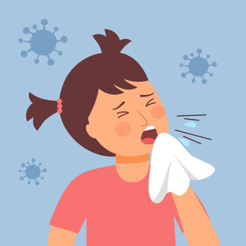 Girl child sneezing concept vector. Kids blowing in handkerchief. Children catch a cold from season allergy.