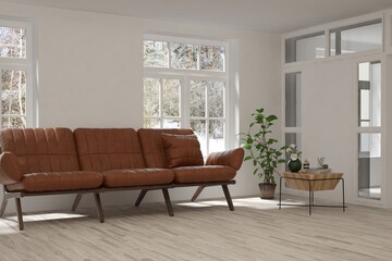 Modern living room in white color with sofa and winter landscape in window. Scandinavian interior design. 3D illustration