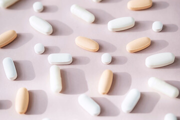 Different pills, vitamin capsules on pastel pink background. Dietary supplement supports for health.