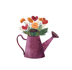 Purple watering can with tulips and hearts, Provence style, Valentine's Day and Easter greeting card © Дарья Артемова