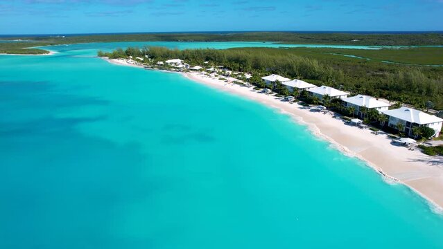 Aerial view of the picturesque Cape Santa Maria beach on the nort side of Long Island, Bahamas, with shining, turquoise sea and golden sand
