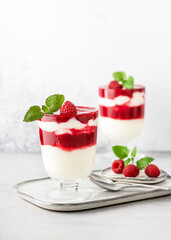 Healthy summer fruit cream dessert with red and white layers of raspberry sauce and buttermilk cream. Homemade sweet food concept. Copy space.