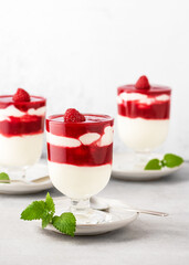 Delicious raspberry sauce and buttermilk cream layered dessert decorated with with fresh berries and lemon balm leaves garnish on glasses. Homemade healthy food concept. Copy space.