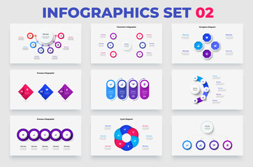 Fototapeta na wymiar Set of infographic elements for business presentation and infographic. Flowcharts, banners, cycle and timelines with 3, 4, 5 and 6 options