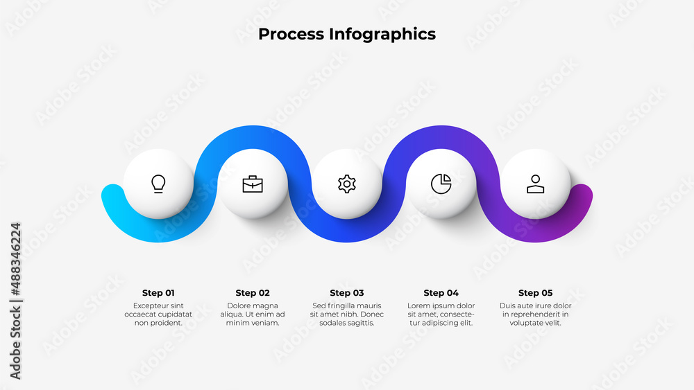 Poster Five circles arranged in a horizontal row connected by a gradient zigzag line. Concept of 5 steps of business timeline. Creative infographic design template