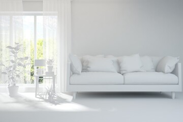 White living room with sofa and summer landscape in window. Scandinavian interior design. 3D illustration