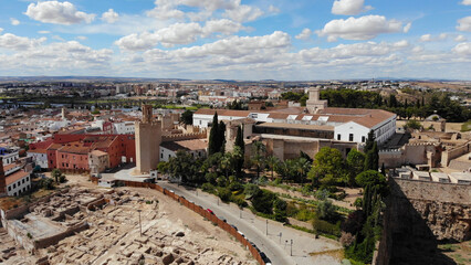 Aerial view of the Espantaperros Tower is in the eastern part of the Citadel and is a watchtower. It has an octagonal plan Most of the tower is soli in Badajoz, Spain.