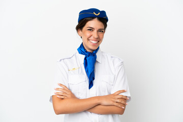 Airplane stewardess caucasian woman isolated on white background keeping the arms crossed in frontal position