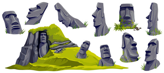 Moai on Easter island in cave. Isolated vector cartoon stone sculptures on mountain. Set ancient statue civilizations of atlantis and lemuria. - obrazy, fototapety, plakaty