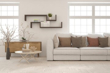 White living room with sofa. Scandinavian interior design. 3D illustration