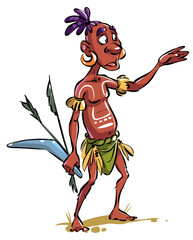 Cartoon Character from Australia Aboriginal with boomerang and arrows. Australia Aborigine points with his hand.