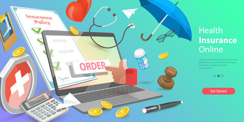 3D Vector Conceptual Illustration of Health Insurance Online, Quality Medical Services