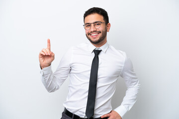 Business Brazilian man isolated on white background showing and lifting a finger in sign of the best
