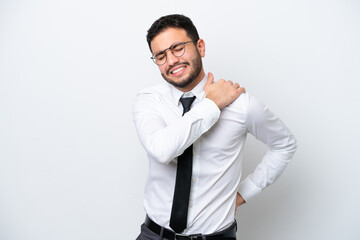 Business Brazilian man isolated on white background suffering from pain in shoulder for having made an effort