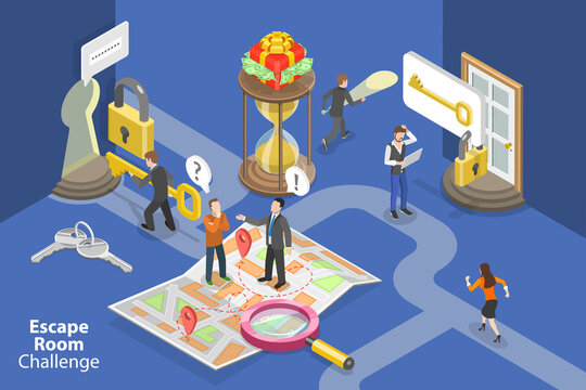 3D Isometric Flat Vector Conceptual Illustration of Escape Room Challenge, People Rrying to Solve Puzzles