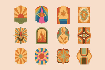Simple Linear Art chunky Hippie Retro hippie stickers, psychedelic groovy set bundle elements. vintage icons in 70s-80s style. Flat vector illustration, design templates with rainbow, sun and frame.
