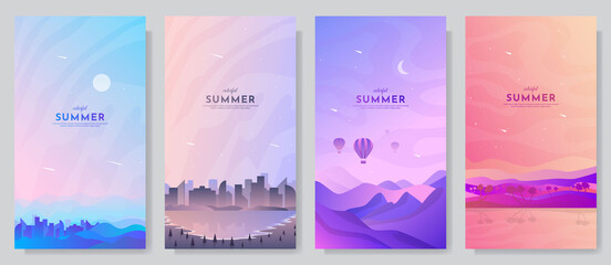 Vector illustration. Minimalist backgrounds collection. Gradient futuristic color. Design for flyer, booklet, coupon, voucher, wallpapers. Nature colorful sunset scene, cityscape. Flat cartoon style