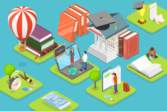 3D Isometric Flat Vector Conceptual Illustration of University Campus, Student Activities and Educational Process