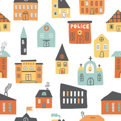 Childish seamless pattern with a lot of colorful buildings on a white background. Can be used for textile, print, wallpaper, nursery. 