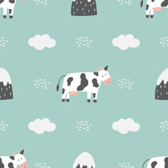 Childish seamless pattern with cows, clouds, and the mountains. Can be used for wallpaper, textile, print, nursery.