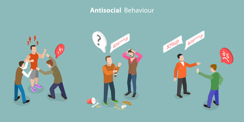 3D Isometric Flat Vector Conceptual Illustration of Antisocial Behaviour, Violence, Social Abuse and Harassment