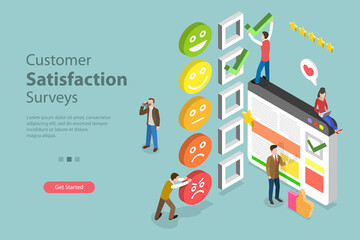 3D Isometric Flat Vector Conceptual Illustration of Customer Satisfaction Surveys, Client Rating and Feedback